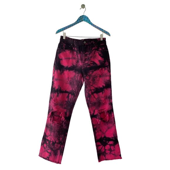 ALICE + OLIVIA Pink Black Tie Dye Genevieve Distressed Baggy Jeans - Picture 1 of 8